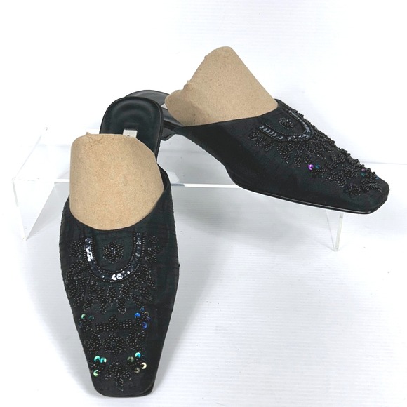 Ann Marino Size 9M Black Beaded Sequin Square Toe Mule Heels Womens - Picture 1 of 8
